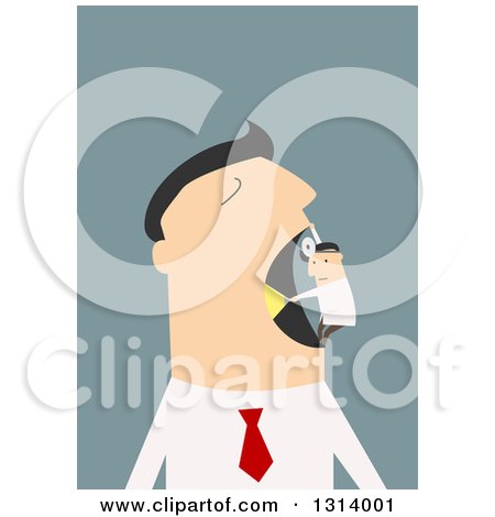 Clipart of a Flat Design White Businessman Having a Tiny Dentist Check out His Mouth, over Blue - Royalty Free Vector Illustration by Vector Tradition SM