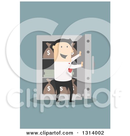 Clipart of a Flat Design White Businessman Opening a Vault Full of Money, on Blue - Royalty Free Vector Illustration by Vector Tradition SM