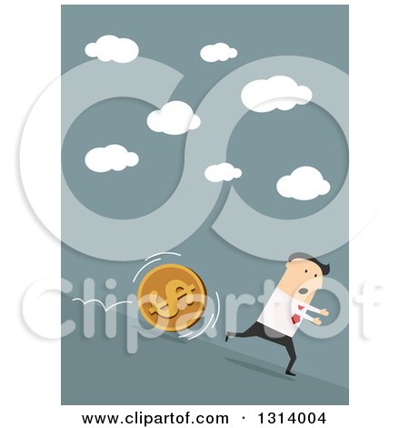 Clipart of a Flat Design of a White Businessman Running down Hill from a Big Coin, on Blue - Royalty Free Vector Illustration by Vector Tradition SM