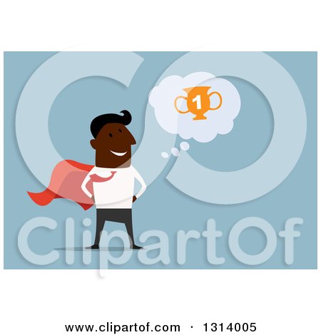Clipart of a Flat Design Black Businessman Super Hero Thinking of Being Number One, on Blue - Royalty Free Vector Illustration by Vector Tradition SM