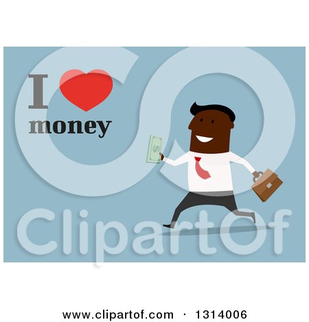 Clipart of a Flat Design Black Business Man Running with Text and I Love Money Text, on Blue - Royalty Free Vector Illustration by Vector Tradition SM