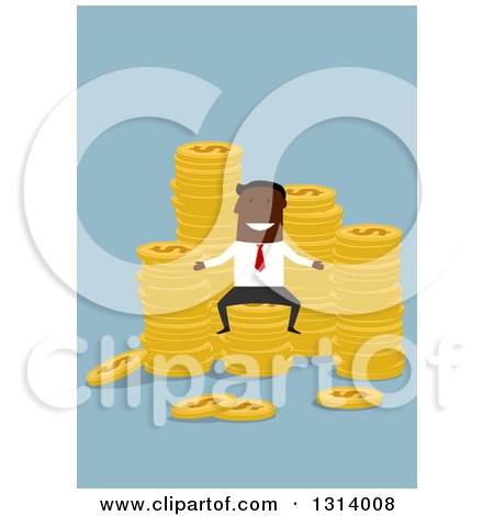 Clipart of a Flat Design of a Black Businessman with Stacks of Coins on Blue - Royalty Free Vector Illustration by Vector Tradition SM
