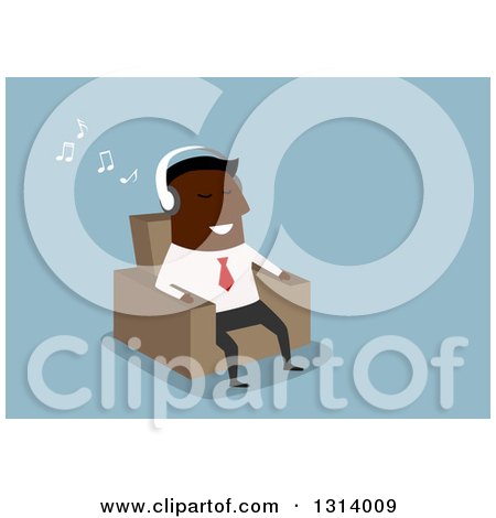 Clipart of a Flat Modern Black Businessman Listening to Music and Sitting in a Chair, over Blue - Royalty Free Vector Illustration by Vector Tradition SM