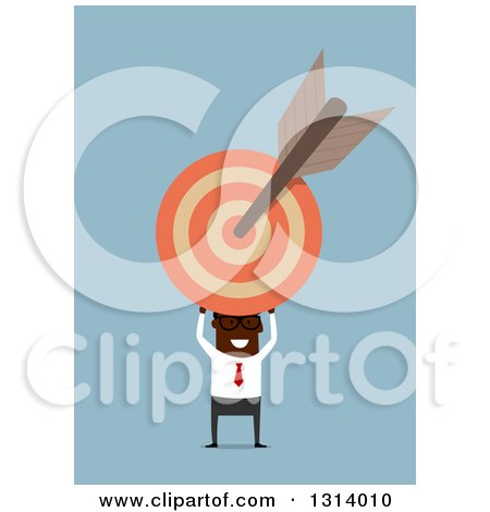 Clipart of a Flat Modern Bespectacled Black Businessman Holding a Target with an Arrow, over Blue - Royalty Free Vector Illustration by Vector Tradition SM