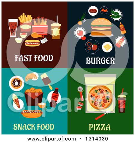 Clipart of Flat Designs of Fast Food, Burger, Snack Food and Pizza - Royalty Free Vector Illustration by Vector Tradition SM