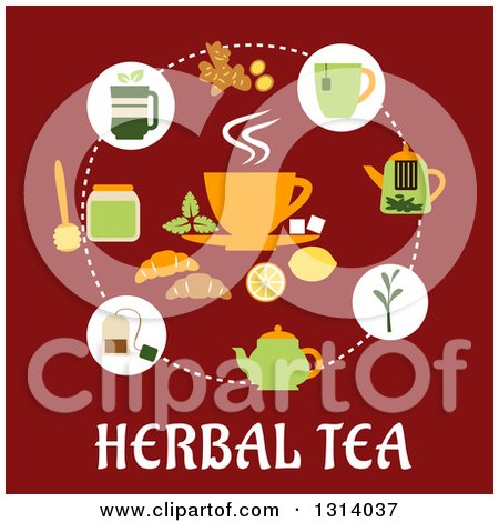 Clipart of a Circle of Ingredients Around a Cup over Herbal Tea Text on Red - Royalty Free Vector Illustration by Vector Tradition SM