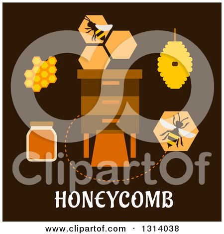 Clipart of a Flat Design of Bees, Honeycombs Around a Box, with Text on Brown - Royalty Free Vector Illustration by Vector Tradition SM