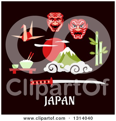 Clipart of a Flat Design of Japanese Items over Text - Royalty Free Vector Illustration by Vector Tradition SM