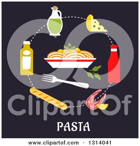Clipart of a Flat Design of Ingredients Around a Bowl of Pasta over Text - Royalty Free Vector Illustration by Vector Tradition SM