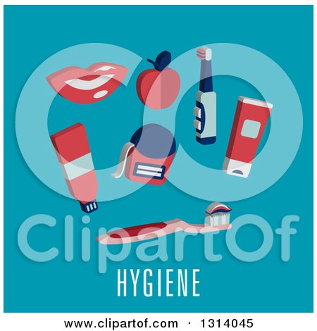 Clipart of a Flat Design of Dental Items over Hygiene Text on Blue - Royalty Free Vector Illustration by Vector Tradition SM