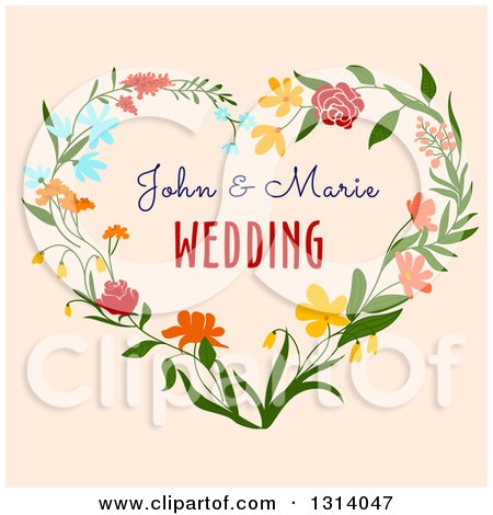 Clipart of a Heart Floral Wreath with Wedding Sample Text on Tan - Royalty Free Vector Illustration by Vector Tradition SM
