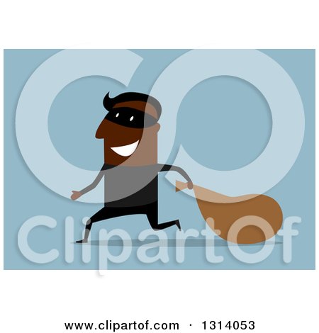 Clipart of a Flag Design Happy Black Male Bank Robber Running with a Sack on Blue - Royalty Free Vector Illustration by Vector Tradition SM