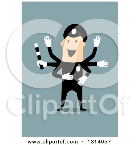Clipart of a Flat Design White Police Officer Directing Traffic with Many Hands - Royalty Free Vector Illustration by Vector Tradition SM