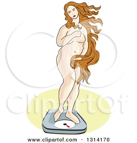 Clipart of a Sketched Chubby Woman, Venus, Standing on a Body Weight Scale - Royalty Free Vector Illustration by David Rey