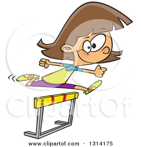 Clipart of a Track and Field Brunette White Girl Leaping a Track Hurdle - Royalty Free Vector Illustration by toonaday