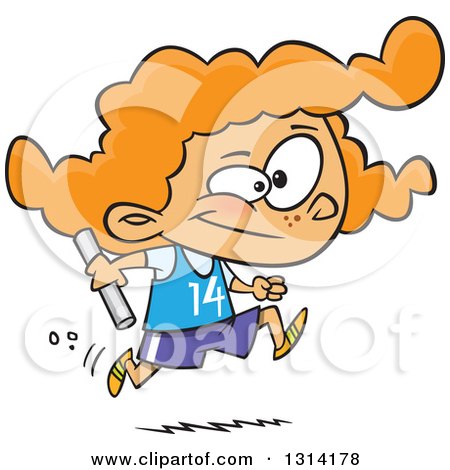 Clipart of a Track and Field Red Haired White Girl Running a Relay Race - Royalty Free Vector Illustration by toonaday