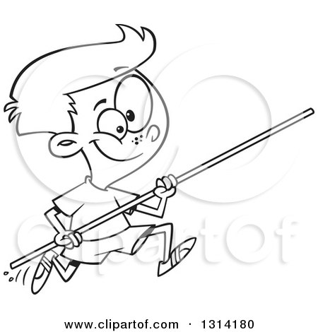 Lineart Clipart of a Black and White Track and Field Pole Vault Boy Running - Royalty Free Outline Vector Illustration by toonaday