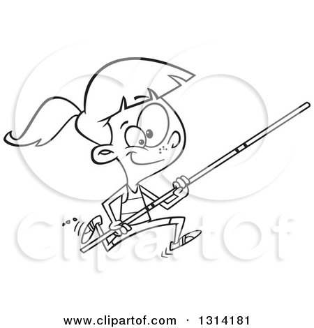Lineart Clipart of a Black and White Track and Field Pole Vault Girl Running - Royalty Free Outline Vector Illustration by toonaday