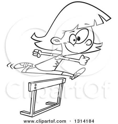 Lineart Clipart of a Black and White Track and Field Girl Leaping a Track Hurdle - Royalty Free Outline Vector Illustration by toonaday