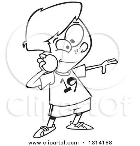 Lineart Clipart of a Black and White Track and Field Boy Throwing a Shot Put - Royalty Free Outline Vector Illustration by toonaday