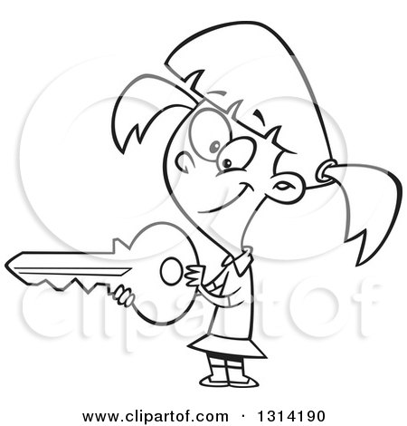 Outline Clipart of a Cartoon Black and White Girl Holding a Big Key - Royalty Free Lineart Vector Illustration by toonaday