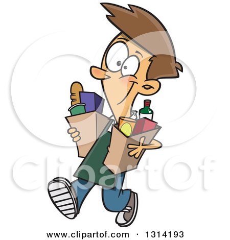 Clipart of a Cartoon Happy Brunette White Teenage Boy Carrying out Groceries - Royalty Free Vector Illustration by toonaday