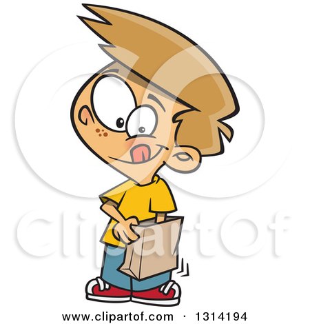 Clipart of a Cartoon Dirty Blond White Boy Reaching into a Grab Bag - Royalty Free Vector Illustration by toonaday