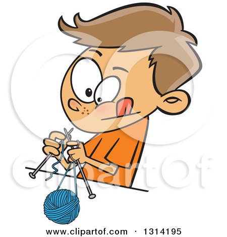 Clipart of a Cartoon Brunette White Boy Knitting with a Ball of Yarn and Needles - Royalty Free Vector Illustration by toonaday