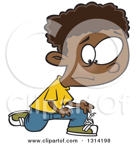 Clipart of a Cartoon Distressed Black Boy with a Knot in His Shoe Laces - Royalty Free Vector Illustration by toonaday