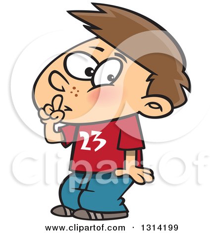 Clipart of a Cartoon Brunette White Boy Shushing - Royalty Free Vector Illustration by toonaday