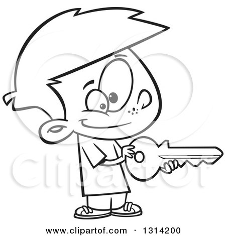 Lineart Clipart of a Black and White Cartoon Boy Holding a Big Key - Royalty Free Outline Vector Illustration by toonaday
