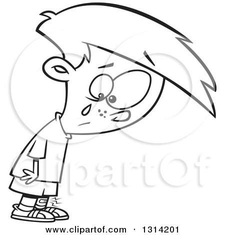Lineart Clipart of a Black and White Cartoon Boy Crying over a Small Boo Boo - Royalty Free Outline Vector Illustration by toonaday