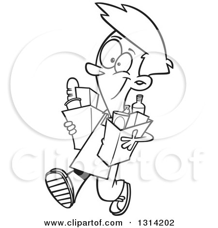 Lineart Clipart of a Black and White Cartoon Happy Teenage Boy Carrying out Groceries - Royalty Free Outline Vector Illustration by toonaday
