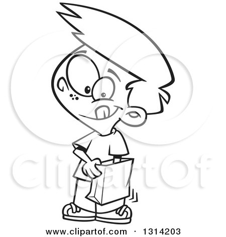 Lineart Clipart of a Black and White Cartoon Boy Reaching into a Grab Bag - Royalty Free Outline Vector Illustration by toonaday