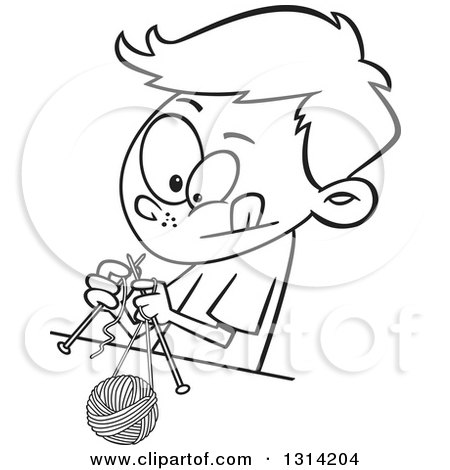 Lineart Clipart of a Black and White Cartoon Boy Knitting with a Ball of Yarn and Needles - Royalty Free Outline Vector Illustration by toonaday
