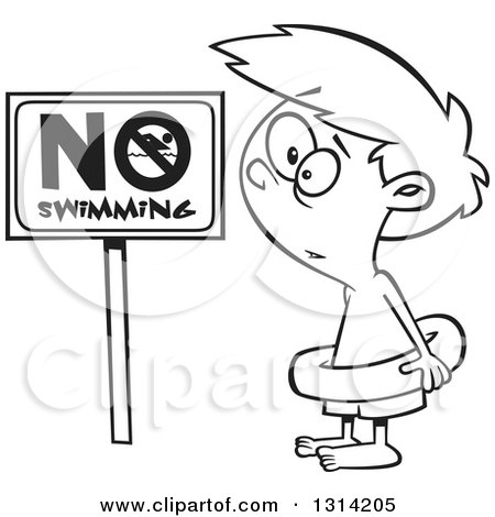 Lineart Clipart of a Black and White Cartoon Boy Wearing an Inner Tube by a No Swimming Sign - Royalty Free Outline Vector Illustration by toonaday