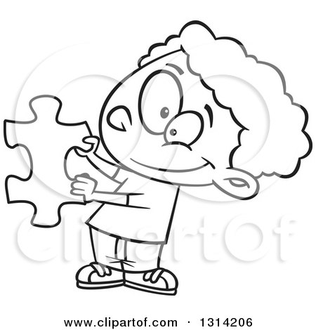 Lineart Clipart of a Black and White Cartoon Happy African Boy Holding a Blue Puzzle Piece - Royalty Free Outline Vector Illustration by toonaday