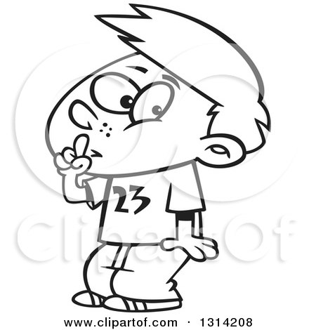 Lineart Clipart of a Black and White Cartoon Boy Shushing - Royalty Free Outline Vector Illustration by toonaday