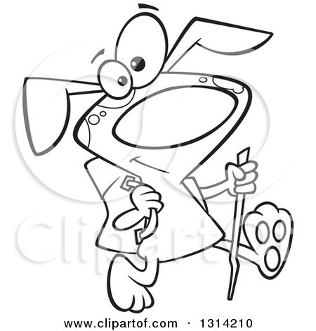 Lineart Clipart of a Cartoon Black and White Happy Dog Hiking with a Stick and Pack - Royalty Free Outline Vector Illustration by toonaday