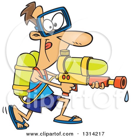 Clipart of a Cartoon Playful Brunette White Man Armed with a Soaker Water Gun - Royalty Free Vector Illustration by toonaday