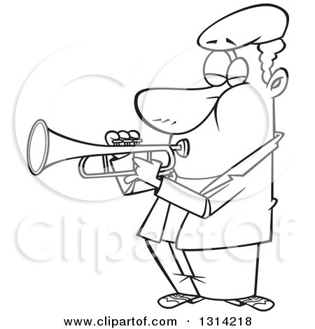 Lineart Clipart of a Cartoon Black and White Musician African Man Playing a Trumpet - Royalty Free Outline Vector Illustration by toonaday