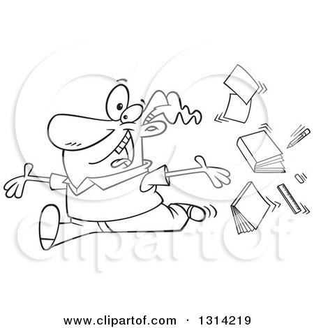 Lineart Clipart of a Cartoon Black and White Male Teacher Tossing up Books and Running Joyfully - Royalty Free Outline Vector Illustration by toonaday