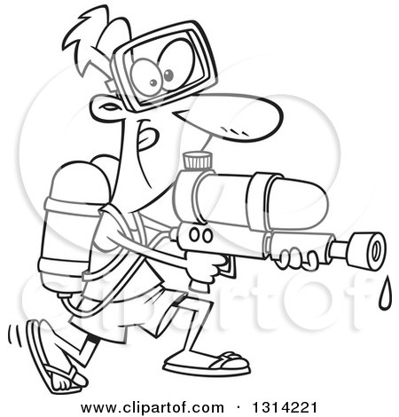 Lineart Clipart of a Cartoon Black and White Playful Man Armed with a Soaker Water Gun - Royalty Free Outline Vector Illustration by toonaday