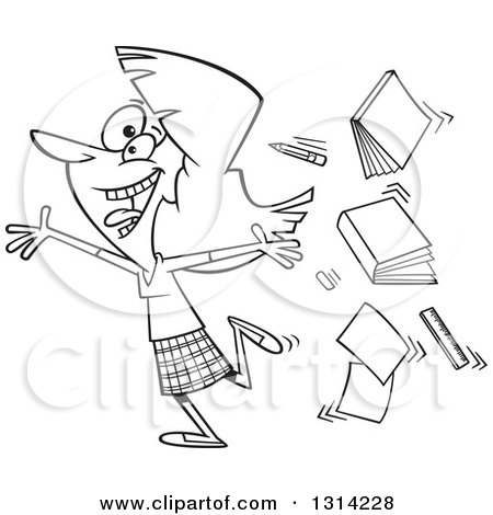 Outline Clipart of a Black and White Cartoon Excited Female Teacher Running Gleefully and Throwing up Books - Royalty Free Lineart Vector Illustration by toonaday