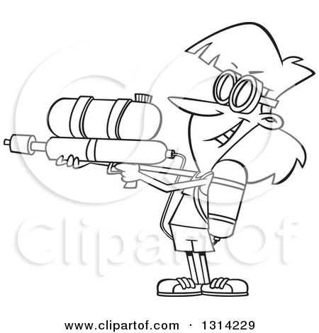 Outline Clipart of a Black and White Cartoon Playful Woman Armed with a Soaker Water Gun - Royalty Free Lineart Vector Illustration by toonaday