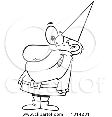 Outline Clipart of a Black and White Cartoon Happy Male Gnome Smiling - Royalty Free Lineart Vector Illustration by toonaday