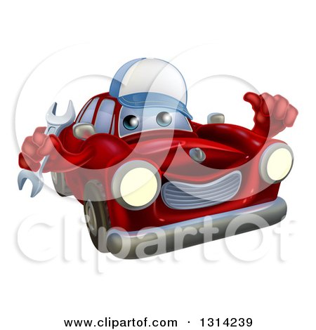 Clipart of a Happy Red Car Character Wearing a Baseball Cap, Holding a Wrench and Thumb up - Royalty Free Vector Illustration by AtStockIllustration