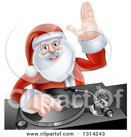 Clipart of a Happy Christmas Santa Claus Dj Mixing Music on a Turntable and Waving - Royalty Free Vector Illustration by AtStockIllustration