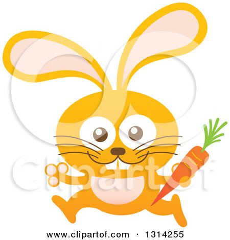 Clipart of a Cute Cartoon Happy Baby Rabbit Running with a Carrot - Royalty Free Vector Illustration by Zooco