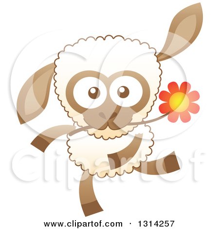 Clipart of a Cute Cartoon Happy Baby Sheep Running with a Flower in His Mouth - Royalty Free Vector Illustration by Zooco
